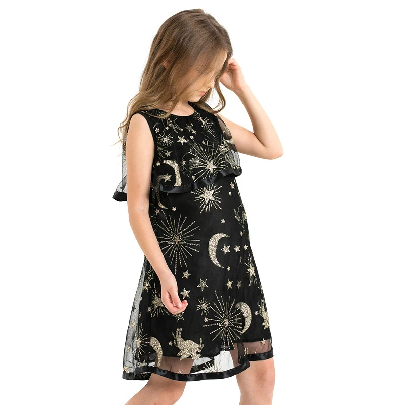 2019 New Girls Dress Summer Voile Teens Costume Black Sequined Star Moon Teenage Princess Outfits for 10 11 12 14 Years | Детская одежда