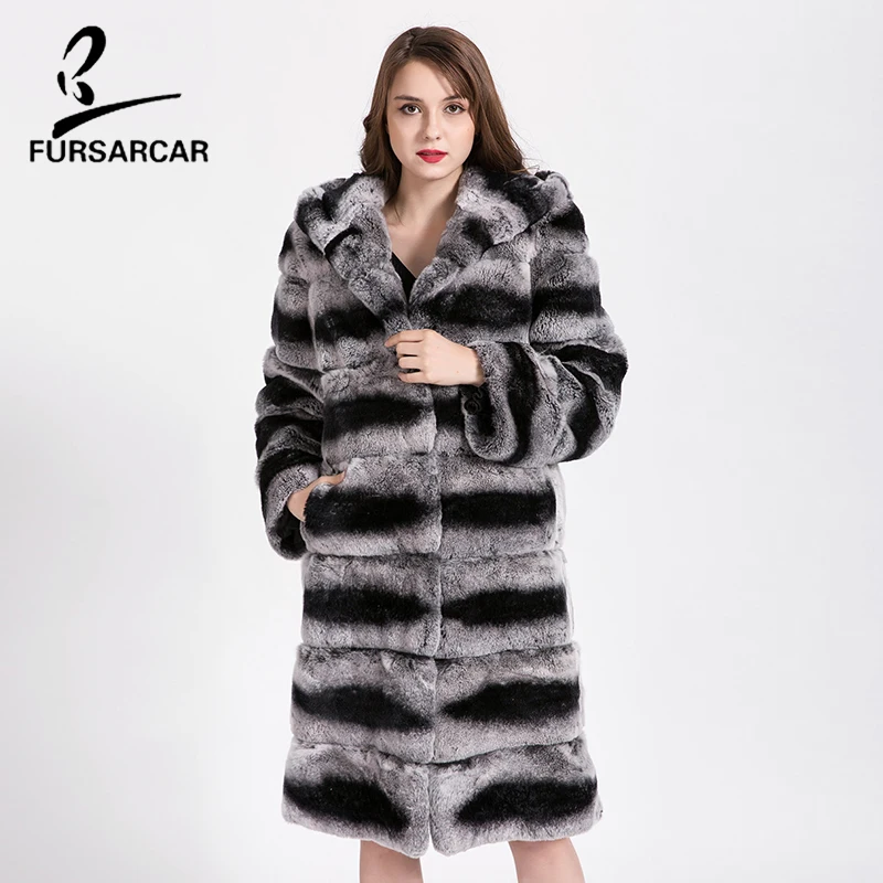 FURSARCAR натуральным кроличьего меха пальто Высокое качество 100% натуральная с мехом