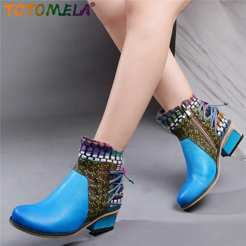 

TOTOMELA Bohemian Retro Cowgirl Boots Women Genuine Leather Patchwork Winter Autumn Ankle Boots Woman Zipper Western Booties