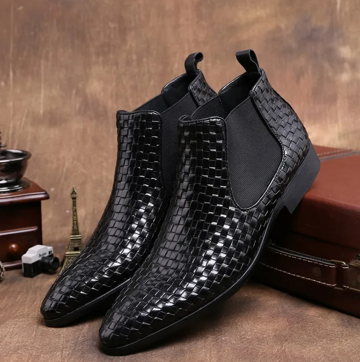 

Men Autumn Winter Fashion Pointed Toes Genuine Leather Dress Shoes Men High Top Black Short Ankle Boots Large Size Free Shipping