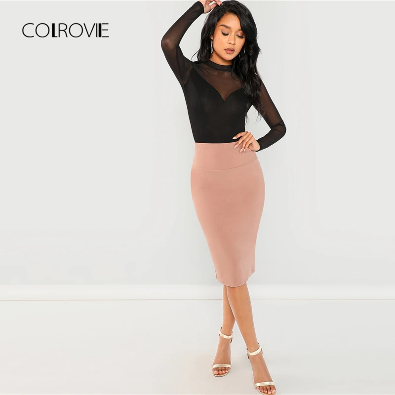 COLROVIE, черный однотонный облегающий боди с вырезом, сетчатая панель, обтягивающий, сексуальный, для женщин, осенний, с длинным рукавом, для офиса, женский, базовый, ночной, боди