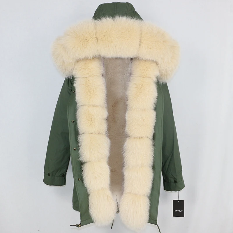 green beige OFTBUY длинная парка, пальто с натуральным мехом, зимняя куртка для женщин, Воротник из натурального Лисьего меха, Толстая теплая брендовая Роскошная Съемная уличная одежда - Цвет: green beige