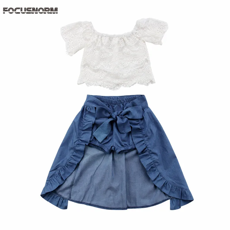 

2018 Fashion Summer Girl Clothe Kid Lace Off-shoulder Floral T-shirt Top Pants Cute Princess Skirt Dress Party Outfits Clothes