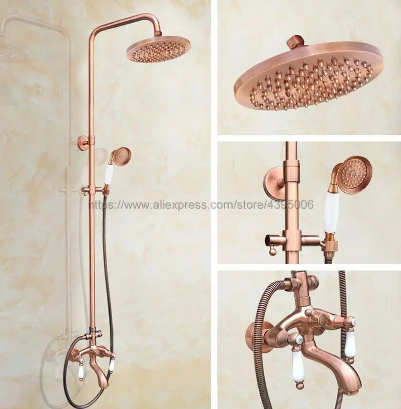

Antique Red Copper 8" Round Rain Shower Head Faucet Bathroom Tub Faucet Spout + Handheld Shower Wall Mounted Brg566
