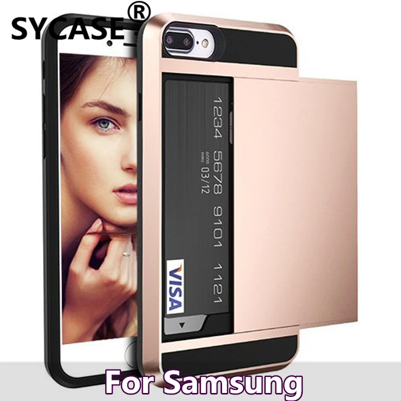 SYCASE For Samsung Note 9 8 5 4 3 Hybrid Case Slide Card Slot Holder Soft Silicone Hard Plastic Armor Back Cover case |