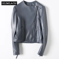 new design harajuku genuine leather jackets women o neck zipper motorcycle real leather jacket coats fashion big pockets short