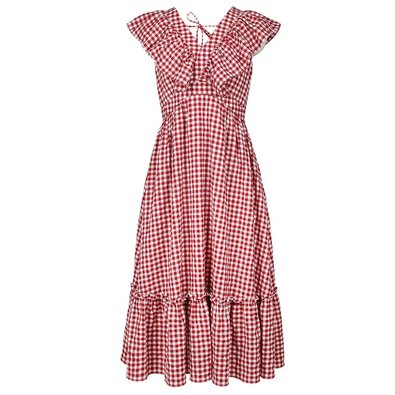 Women Casual Red White Plaid Summer Long Dress Ruffle Edge V-neck High Waist Sleeveless Sundress Big Size New Arrival Hot Sale | Женская