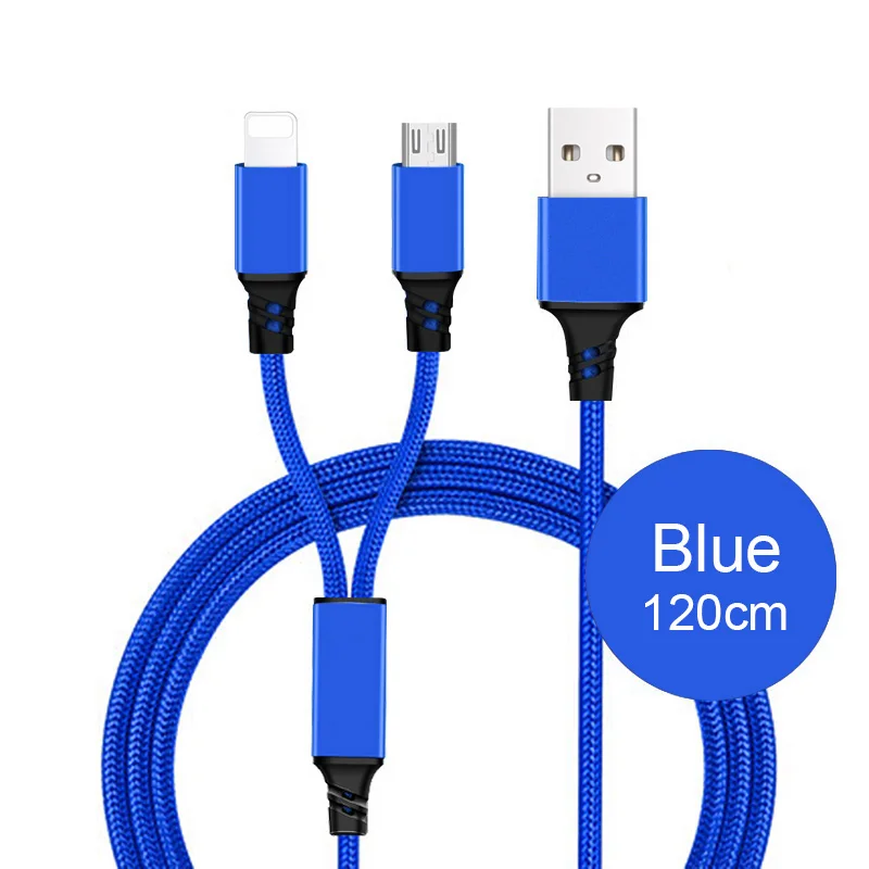 3 в 1 USB кабель для iPhone XS Max XR X 8 7 зарядное устройство Micro USB кабель 2 в 1 кабель для мобильного телефона usb type-c - Цвет: Blue 2in1 1.2m