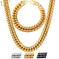 u7 stainless steel statement necklace and bracelet set wholesale gold color hip hop chunky big chain for men jewelry set s747