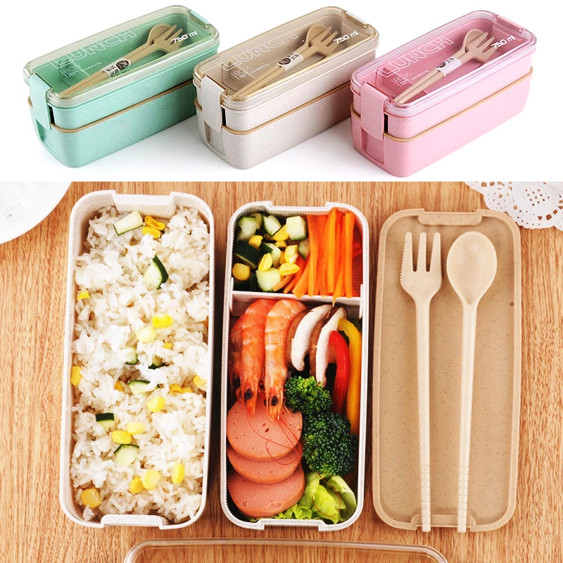 750 мл здоровый материал 2 слоя Ланч-бокс Пшеничная солома Bento коробки микроволновая посуда контейнер для хранения продуктов Ланчбокс