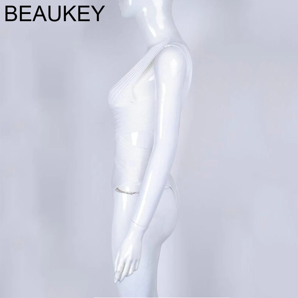 Женское боди без рукавов BEAUKEY Белое Облегающее с глубоким v образным вырезом