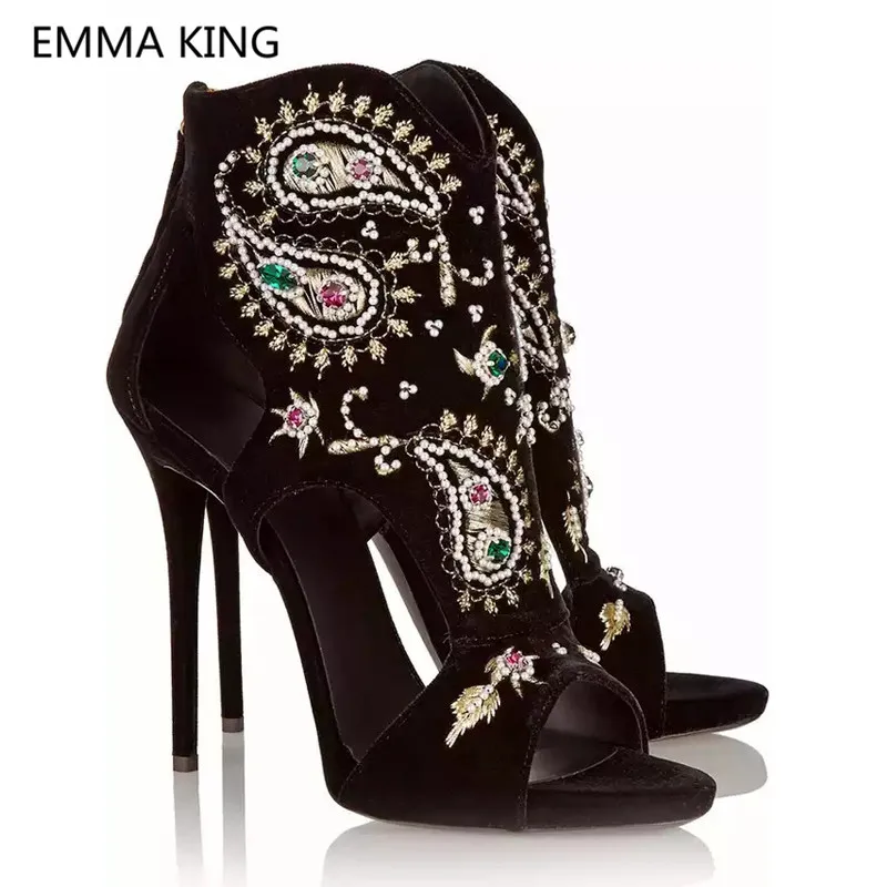 

2019 Women Gladiator Sandals Boots Ankle Peep Toe High Heels Embroidered Crystal Designer Shoes Woman Stilettos Roman Sandals