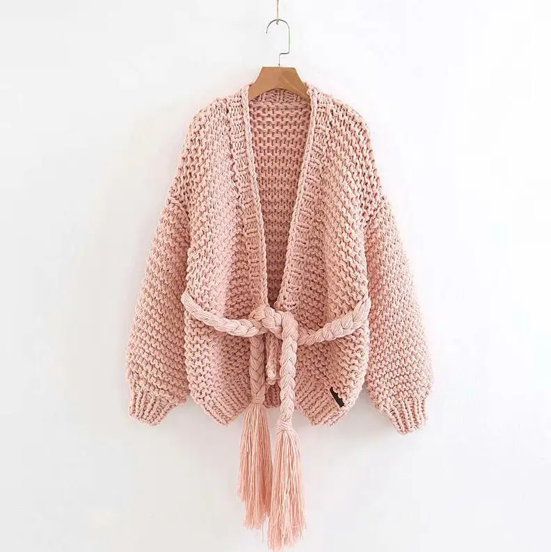 Pink Изделие Duna ручной вязки кардиган теплый толстый слой пояс-шнур джемпер осень-зима свободные розовый Для женщин женский свитер-пуловер - Цвет: Pink