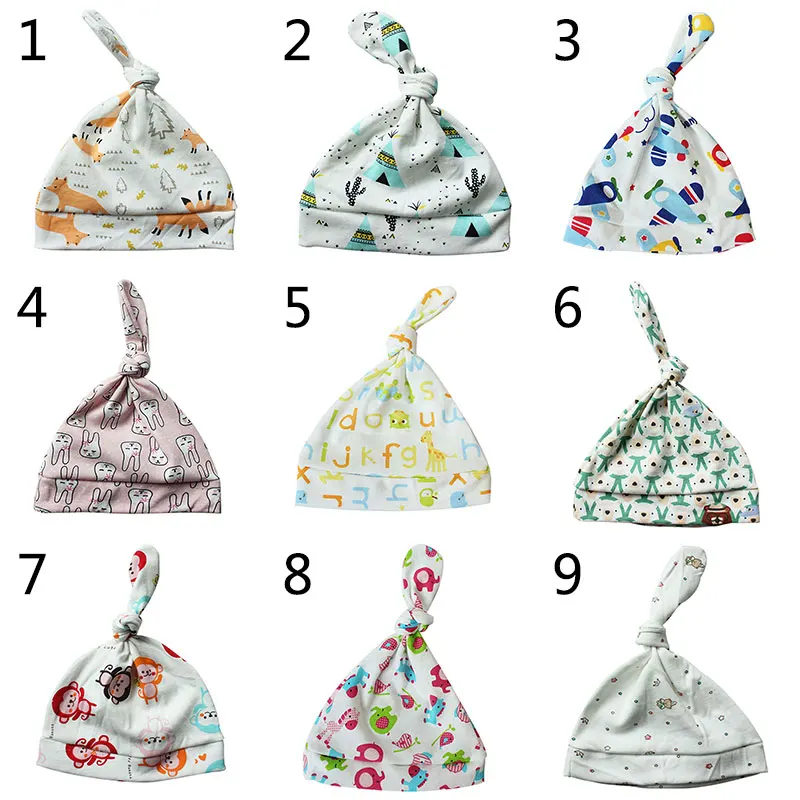 1pcs Baby Hats cotton Knotted Cartoon Printed and Caps For 0-24 Months Newborn Accessories | Детская одежда и обувь