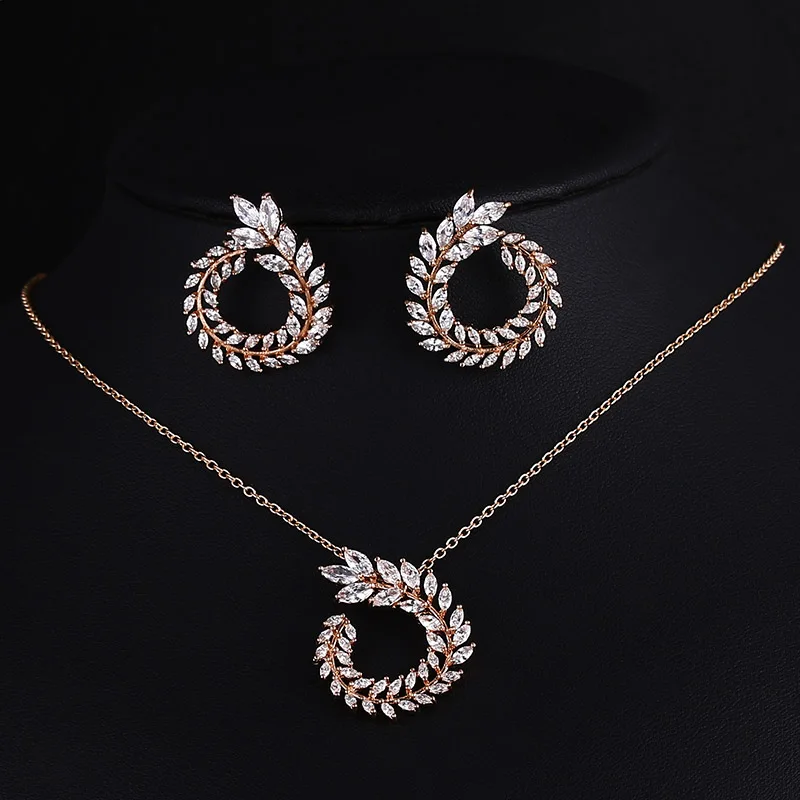 Rose Gold LXOEN Роскошные AAA циркон Оливковая ветвь кулон набор для женщин Мода белый розовое золото цвет Свадебные Ювелирные наборы Вечерние - Окраска металла: Rose Gold