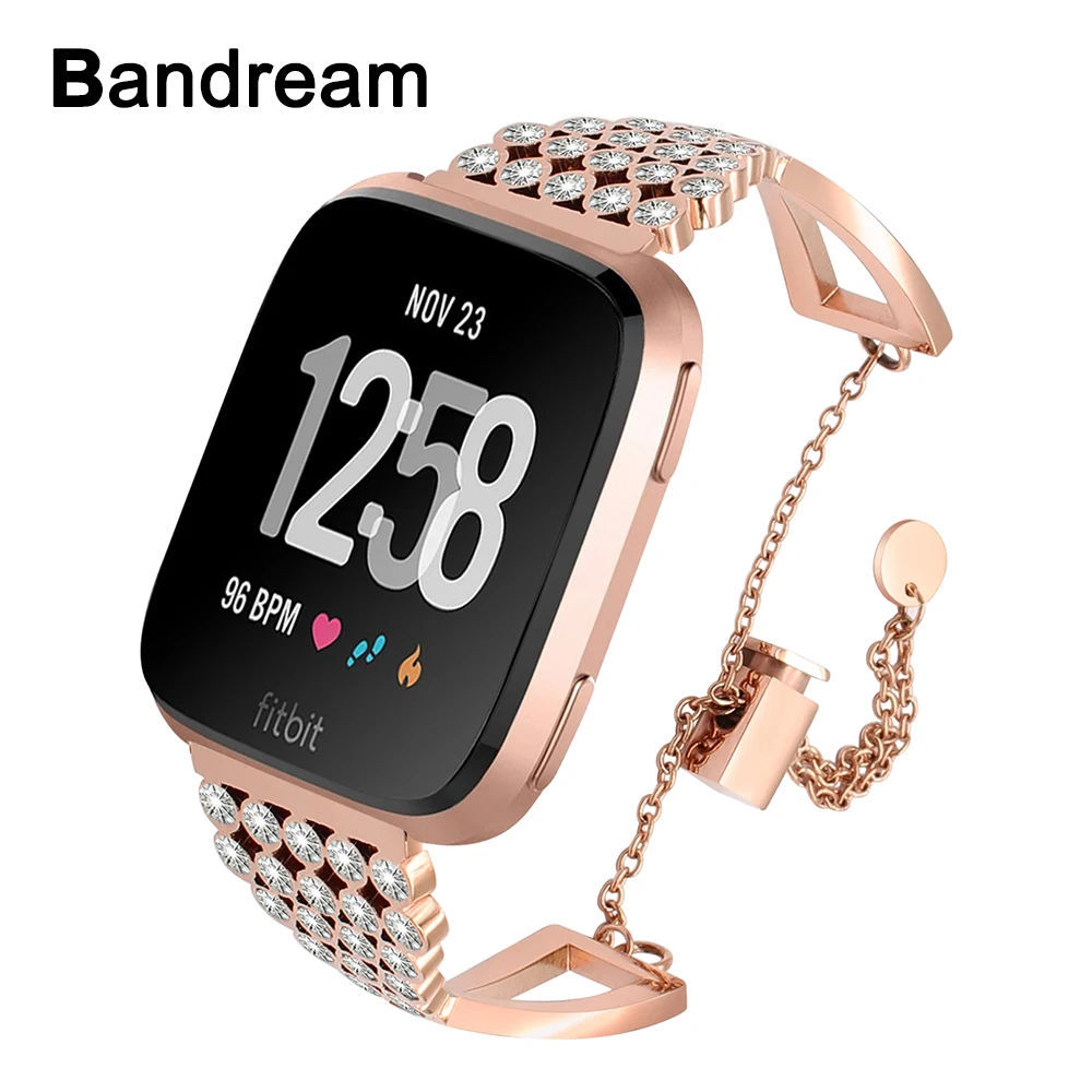 

Rhinestone Diamond Watchband for Fitbit Versa Smart Watch Stainless Steel Jewelry Band Wrist Strap Cuff Bracelet Rose Gold