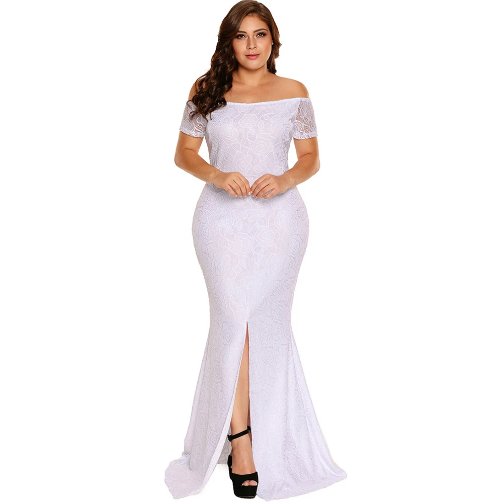 

Dower Me Sexy Off Shoulder Short Sleeve Women Dress Split Evening Party Bodycon Summer Plus Size Maxi White Lace Dresses 2019