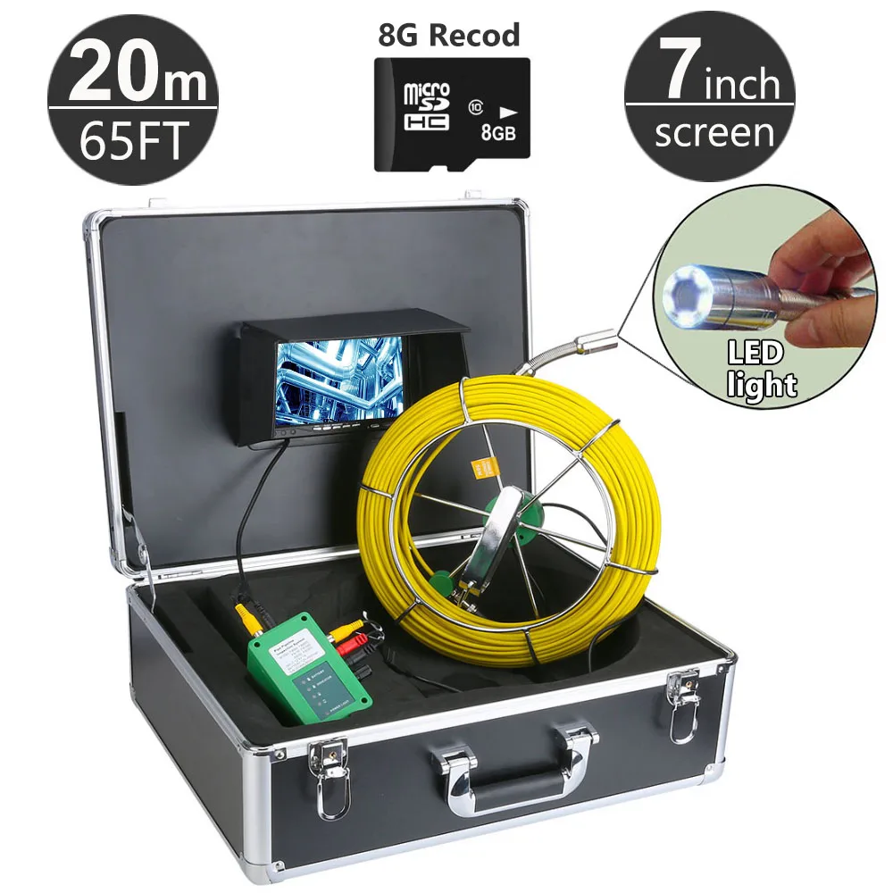 

20M/65ft Sewer Pipe Inspection Camera System DVR Function with 8GB Card 7" Monitor 1000TVL Snake Drain Waterproof Video Camera