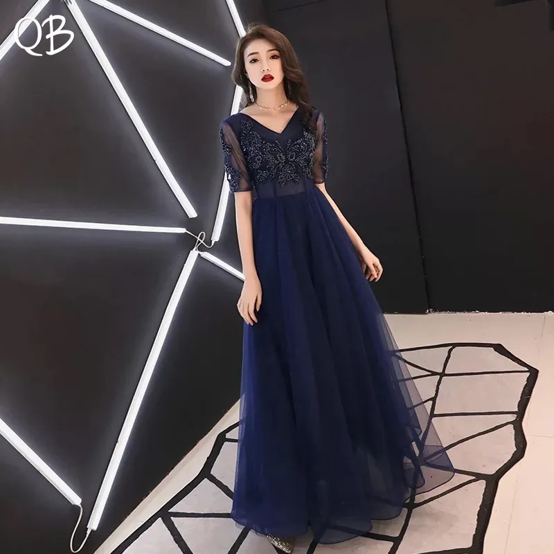 Роскошные темно-синие вечерние платья трапециевидной формы с v-образным вырезом