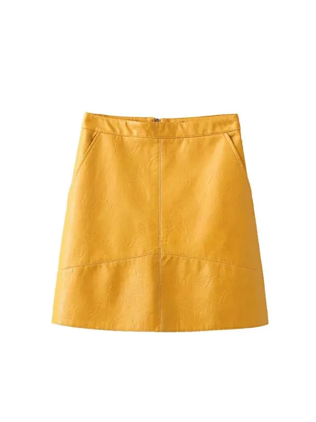 B Yellow Bella philosophy, Зимняя юбка с высокой талией, искусственная кожа, Женская юбка, розовая, желтая, черная, зеленая, синяя, мини-юбка на молнии для женщин - Цвет: B Yellow