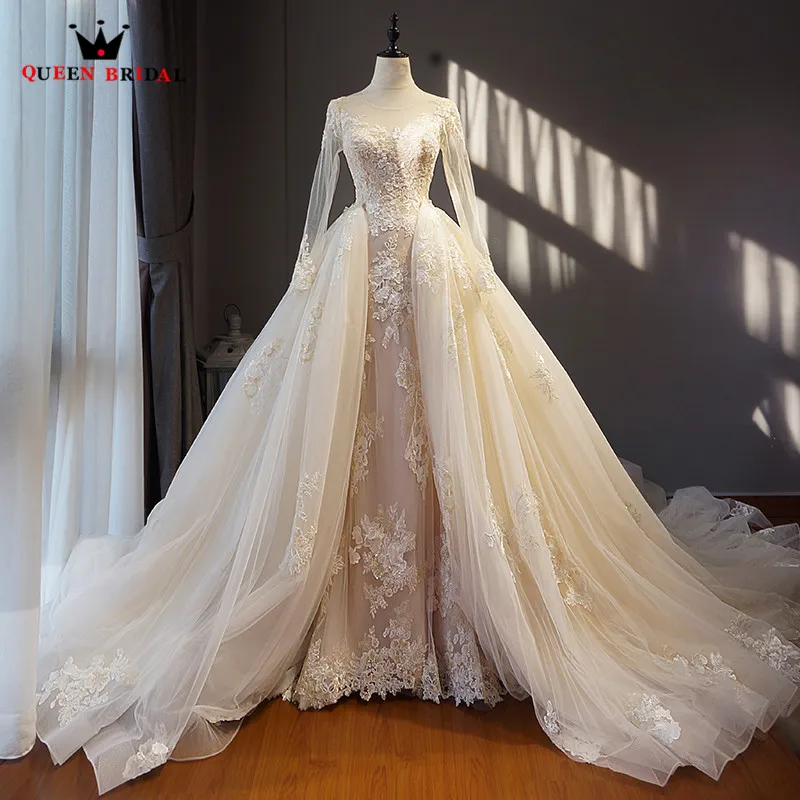 

Detachable Train Long Sleeve Long Train Lace Tulle Luxury Wedding Dresses 2023 New Fashion Wedding Gowns Custom Made YB36