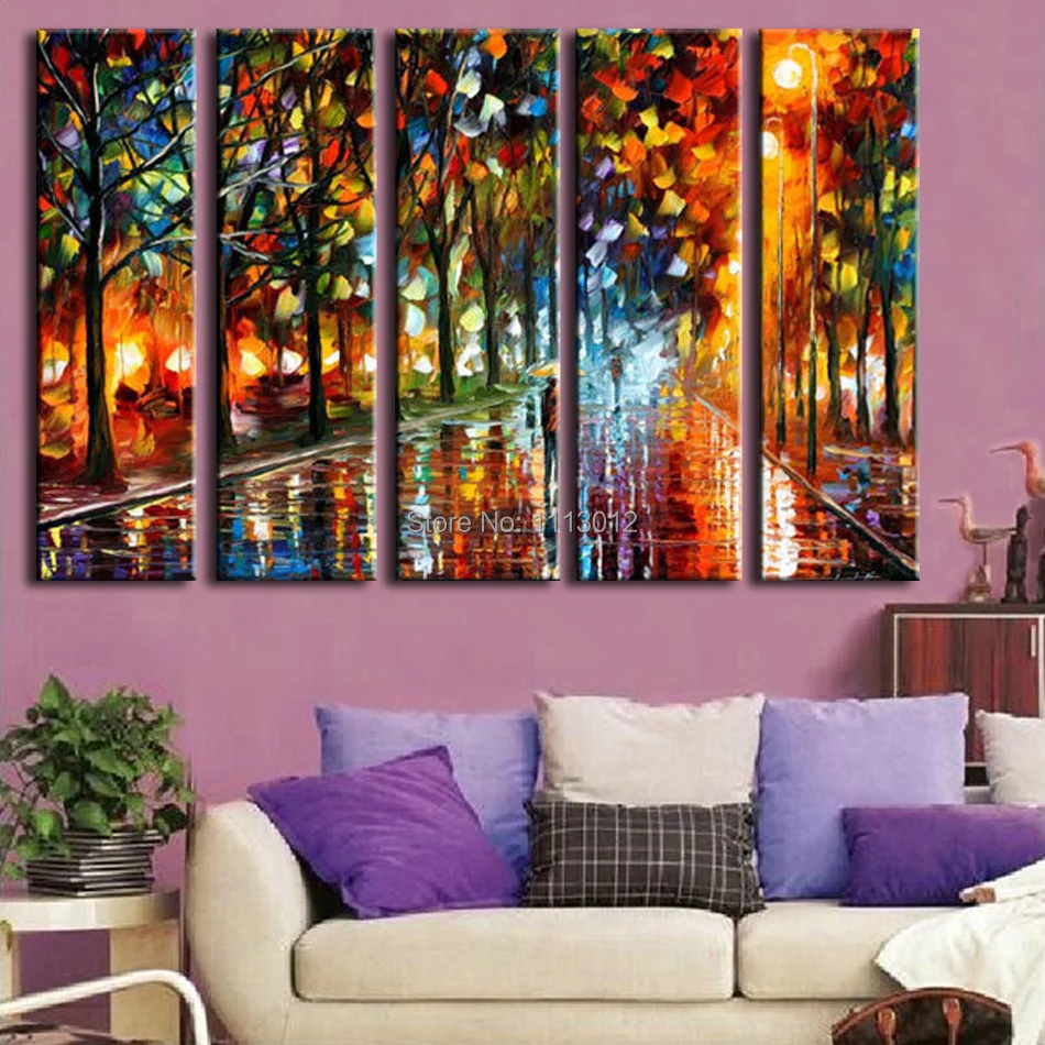 

Hot Knife City Road Birch Tree Oil Painting On Canvas 5 pcs Set Home Abstract Wall Art Decoration Modern Picture For Living Room