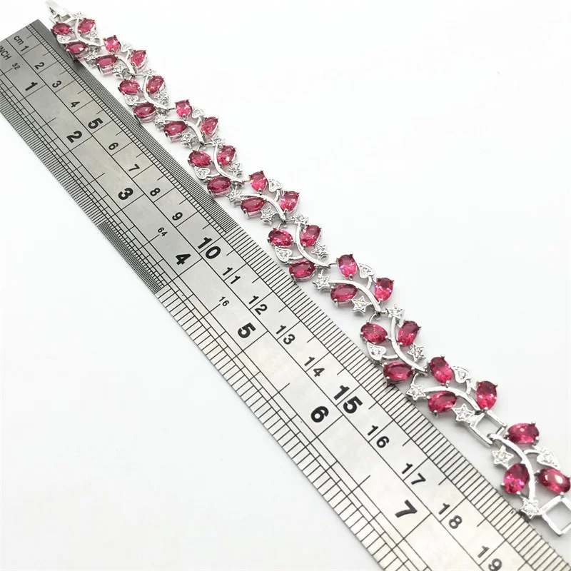 

New Style Tree Leaf Sterling Silver Chain Bracelet & Women Rose Garnet White color Zircon Jewelry 8INCH 20CM Free shipping