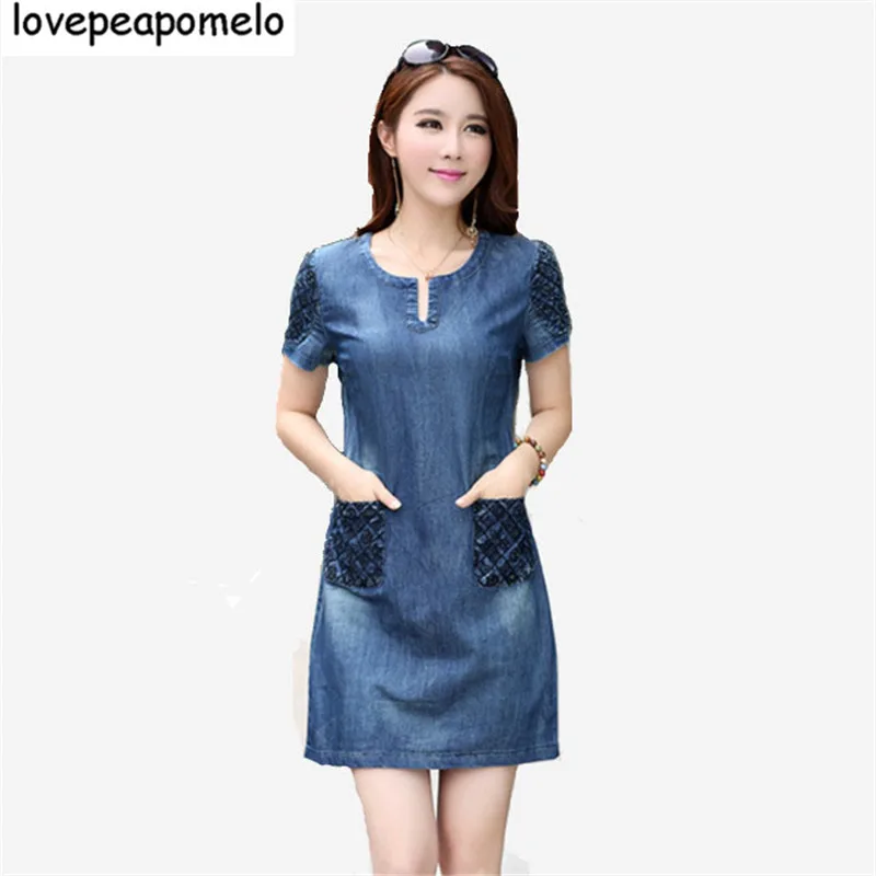 

Lovepeapomelo женское платье 2018 Новое джинсовое платье с коротким рукавом корейское длинное повседневное джинсовое платье большого размера D333