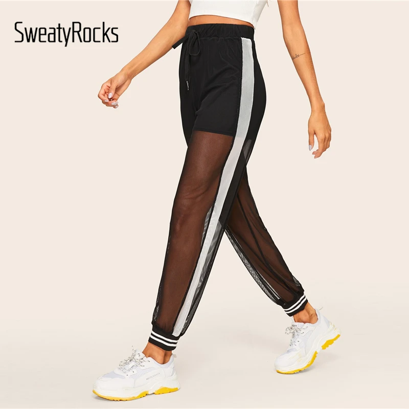 SweatyRocks, черные, с завязками на талии, сетчатые, в полоску, спортивные штаны, женская одежда для активного отдыха, спортивные штаны,, повседневные, прозрачные, длинные штаны