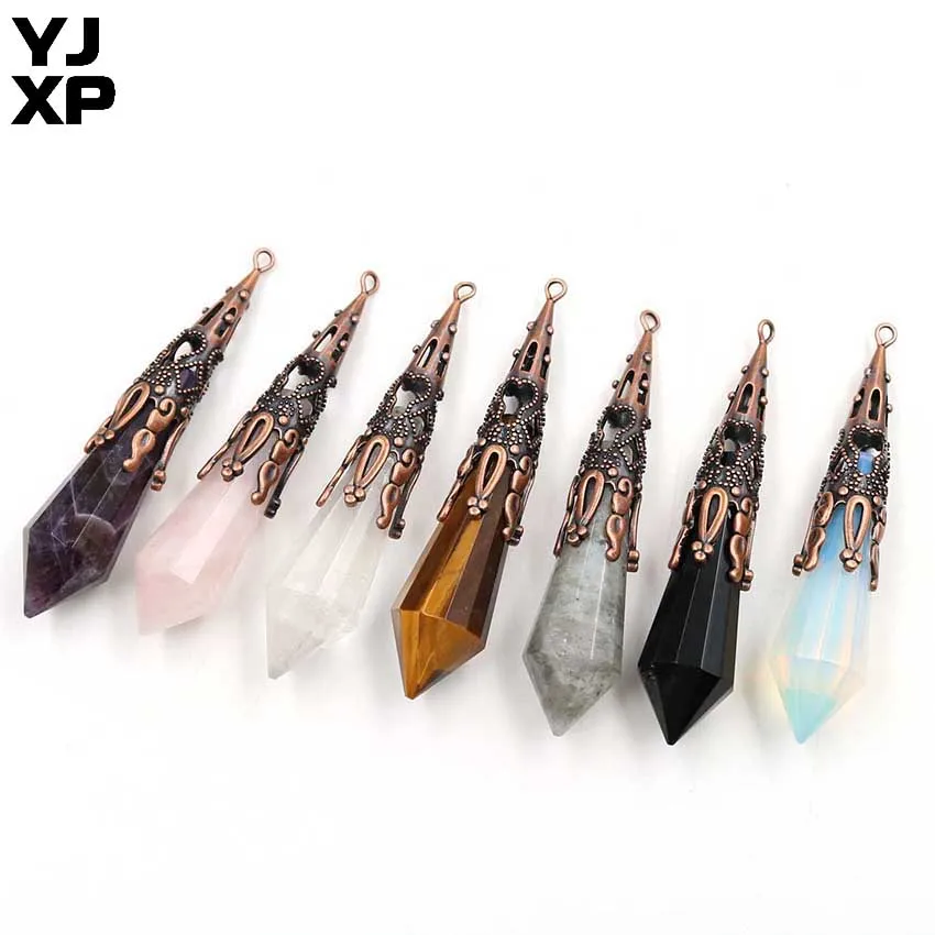 YJXP Hexagon Prism Point Pendant Chain Necklaces for Women Men Vintage Red Copper Natural Amethysts Crystal Stone Charms Jewelry | Украшения