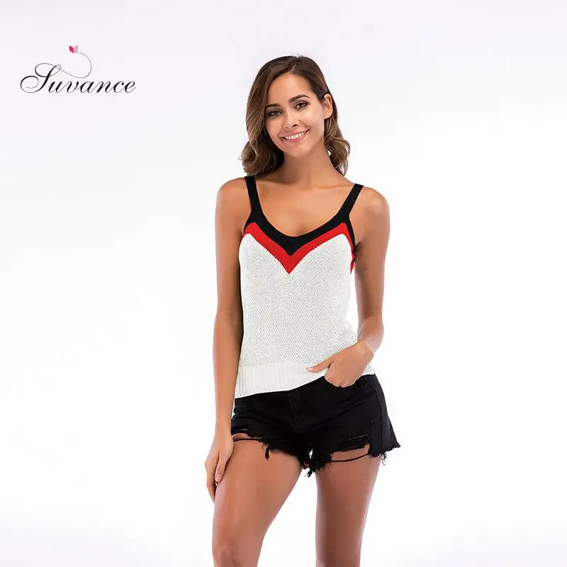 Летний сексуальный v-образный вырез вязаный Спагетти ремень пэчворк