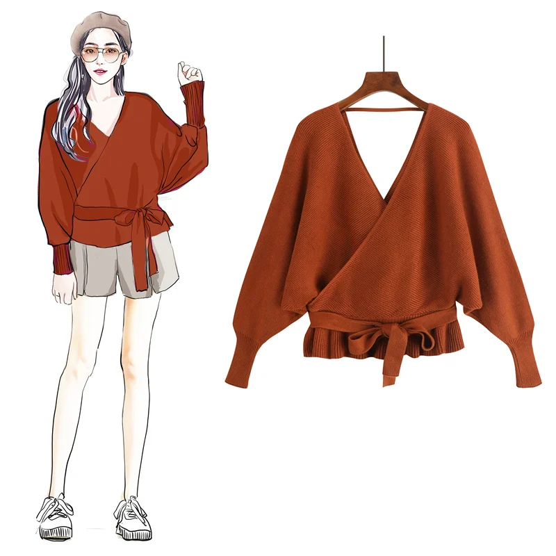 Colorfaith Women Pullovers Sweater 2019 Knitting Autumn Winter Fashion Sexy V-Neck Backless Lace Up Casual Ladies Tops SW1009 | Женская