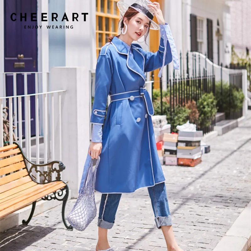 Женский синий Тренч Cheerart Осеннее длинное облегающее пальто-Тренч | Женская