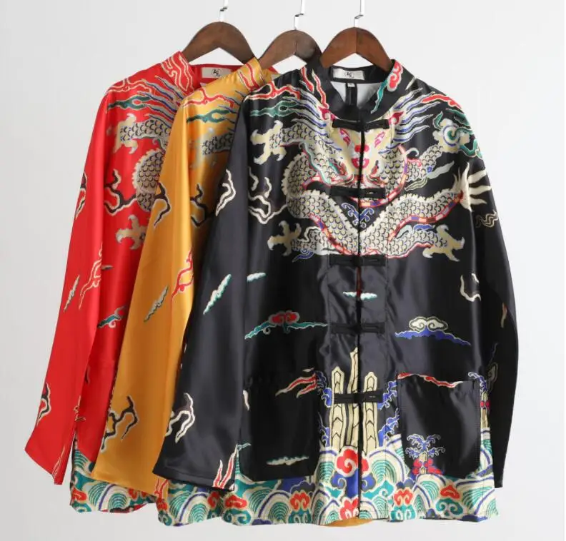 Long Sleeve Traditional Chinese Clothes Tang Suit Top Spring Summer Men Silk Embroidery Dragon Jacket Coat for Overseas | Тематическая