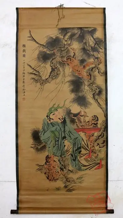 Редкая старая китайская живопись QingDyansty мужчина и обезьяна изысканный дизайн