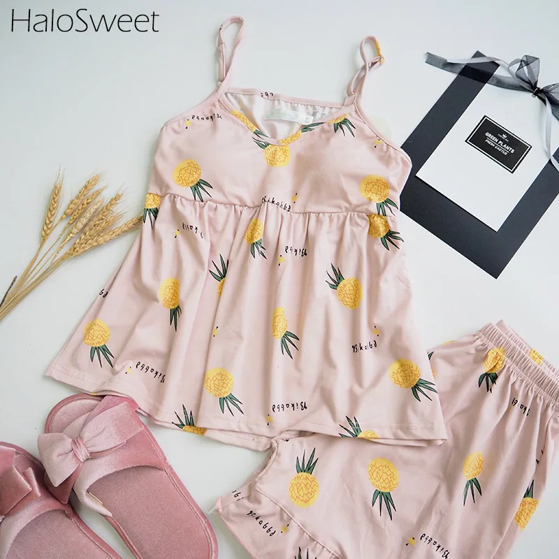 Pattern 2 HaloSweet летняя Хлопковая пижама женская домашняя одежда для женщин шорты Костюмы Одежда Kawai две части слинг шорты - Цвет: Pattern 2