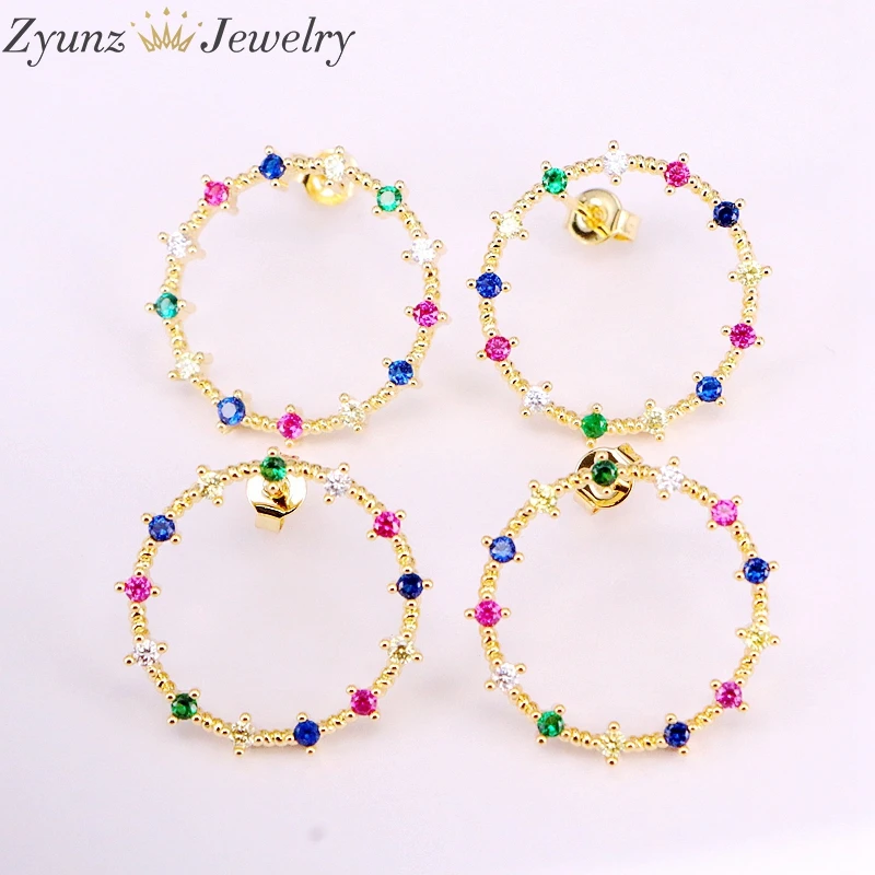 10Pairs, NEW fashion Crystal Round Circle Earrings Rainbow CZ Micro Pave Zirconia Open Round Stud