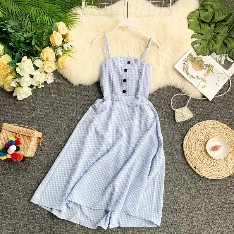 2019 летнее женское клетчатое платье однобортное винтажное ТРАПЕЦИЕВИДНОЕ