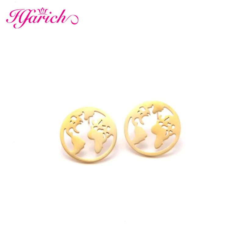 Hfarich новые модные серьги гвоздики из нержавеющей стали с картой мира подарок для