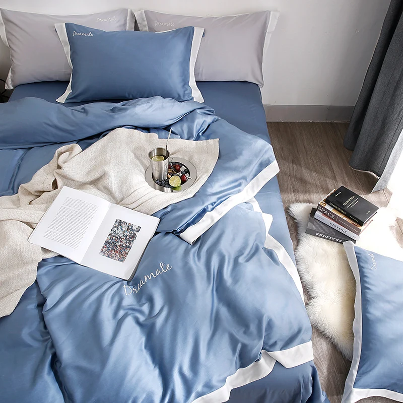 Домашние комплекты постельного белья из хлопка tencel, белый, синий, розовый, королева/король размер, пододеяльник, простыня, наволочка постельное белье, постельное белье