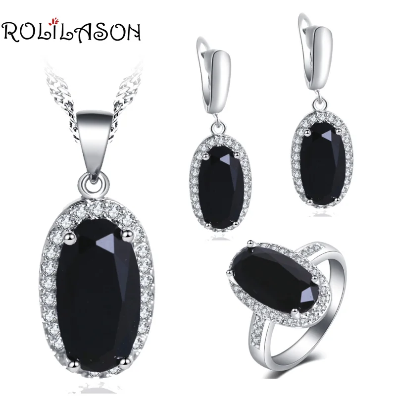 

ROLILASON Anniversary Gift Black Cubic Zirconia Oval shape Set For girl 925 Silver Earrings Necklace Rings Jewelry Sets JS760