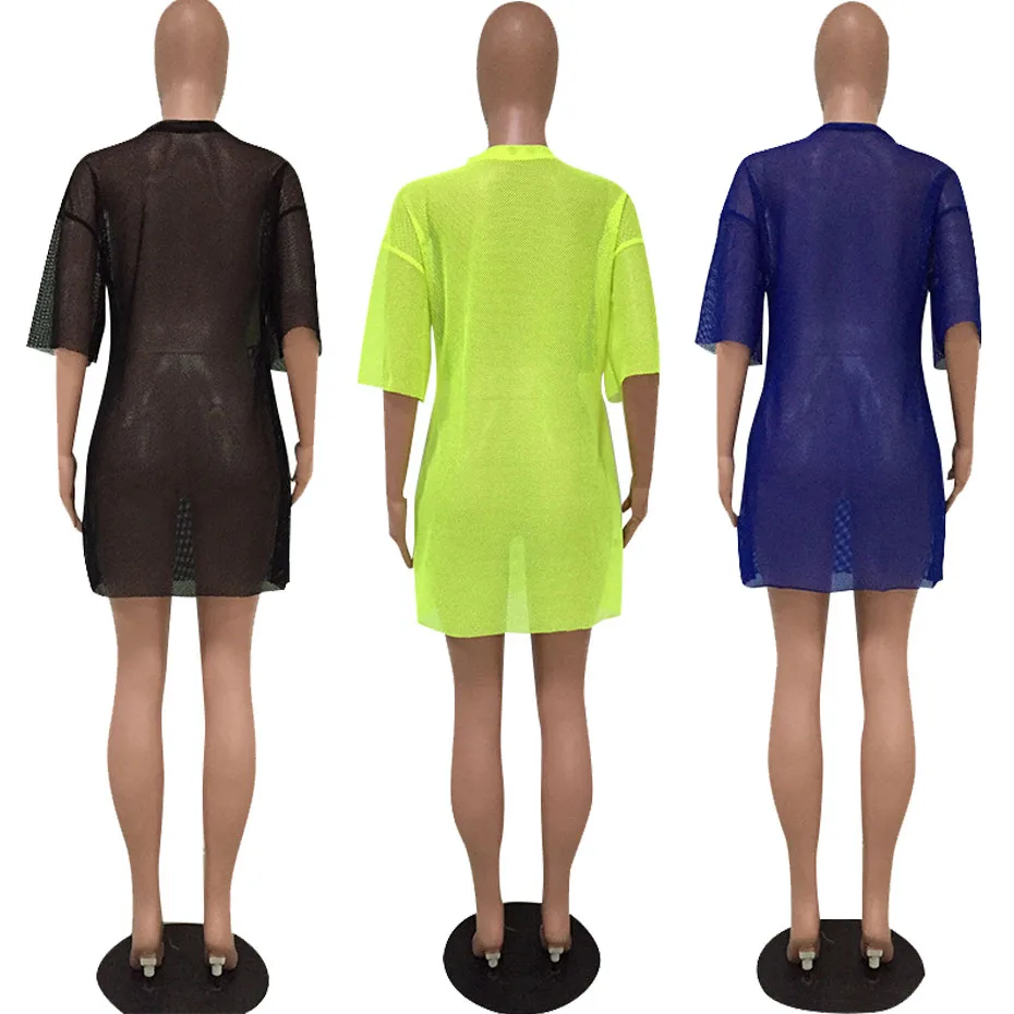 Неоново-зеленое Сетчатое Прозрачное платье-футболка женское мини-платье с