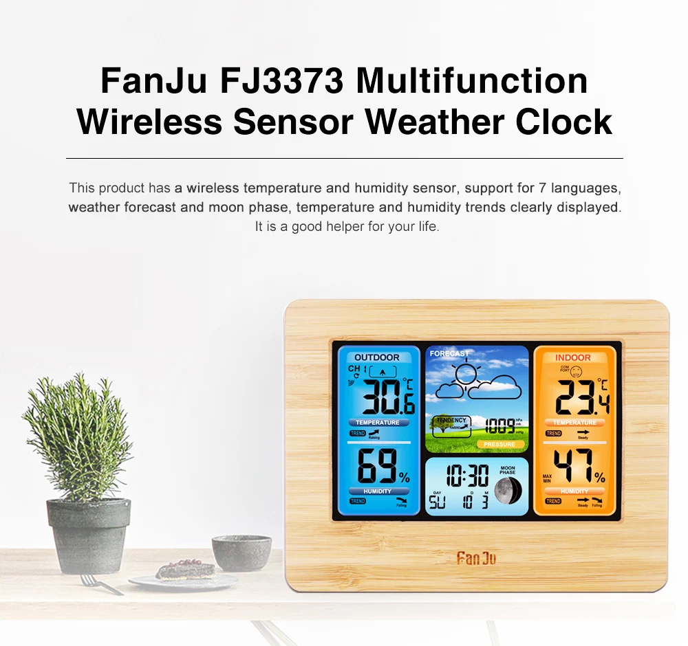 FanJu FJ3373 Погодная станция настенные часы цифровой Температура Влажность барометр Forecast подсветка повтора будильника беспроводной датчик