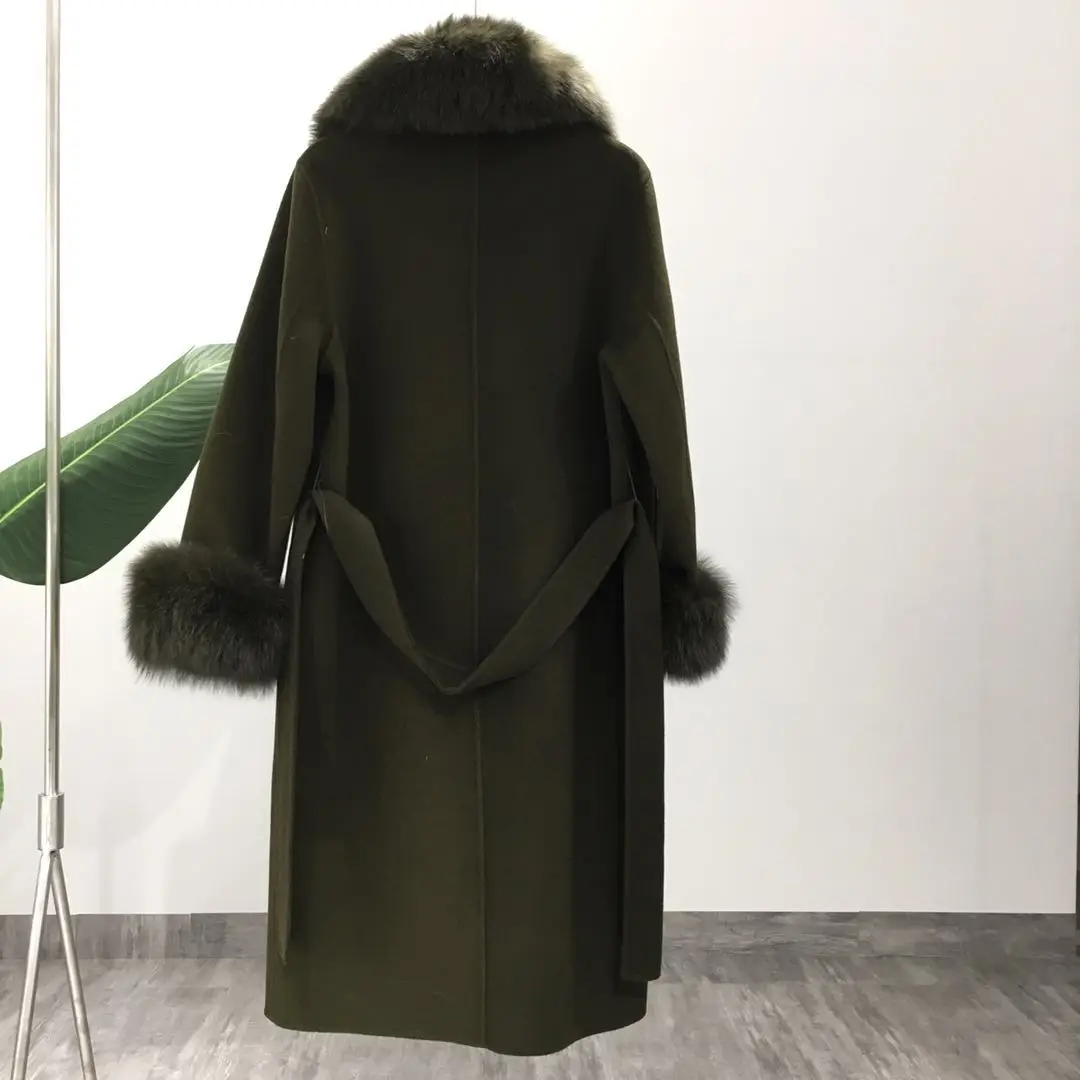 OFTBUY пальто с натуральным мехом, зимняя женская куртка, воротник из натурального Лисьего меха, кашемировая шерсть, длинная верхняя одежда, женская уличная одежда