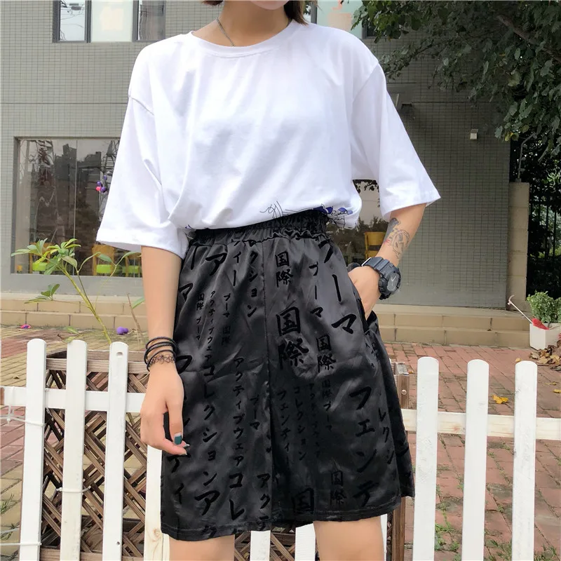 Harajuku Шорты женские с буквенным принтом эластичный пояс унисекс шорты Новые Модные свободные прямые шорты женские