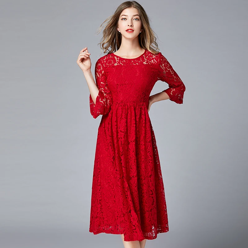 Женское кружевное платье трапециевидной формы с круглым вырезом повседневное
