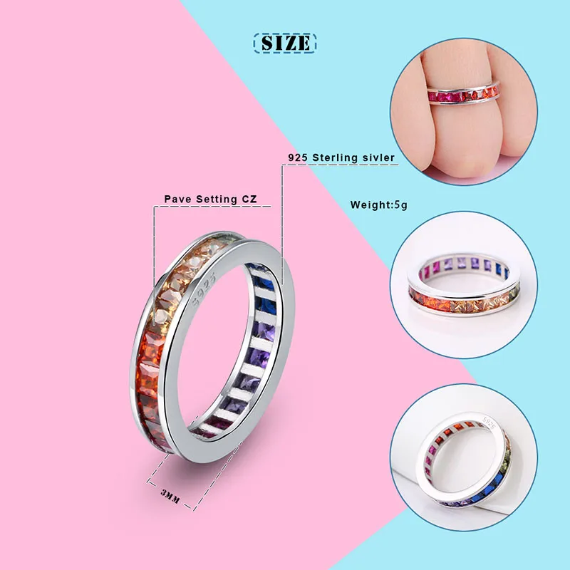 Кольцо с кристаллами вечность из стерлингового серебра 925 пробы Радужное для
