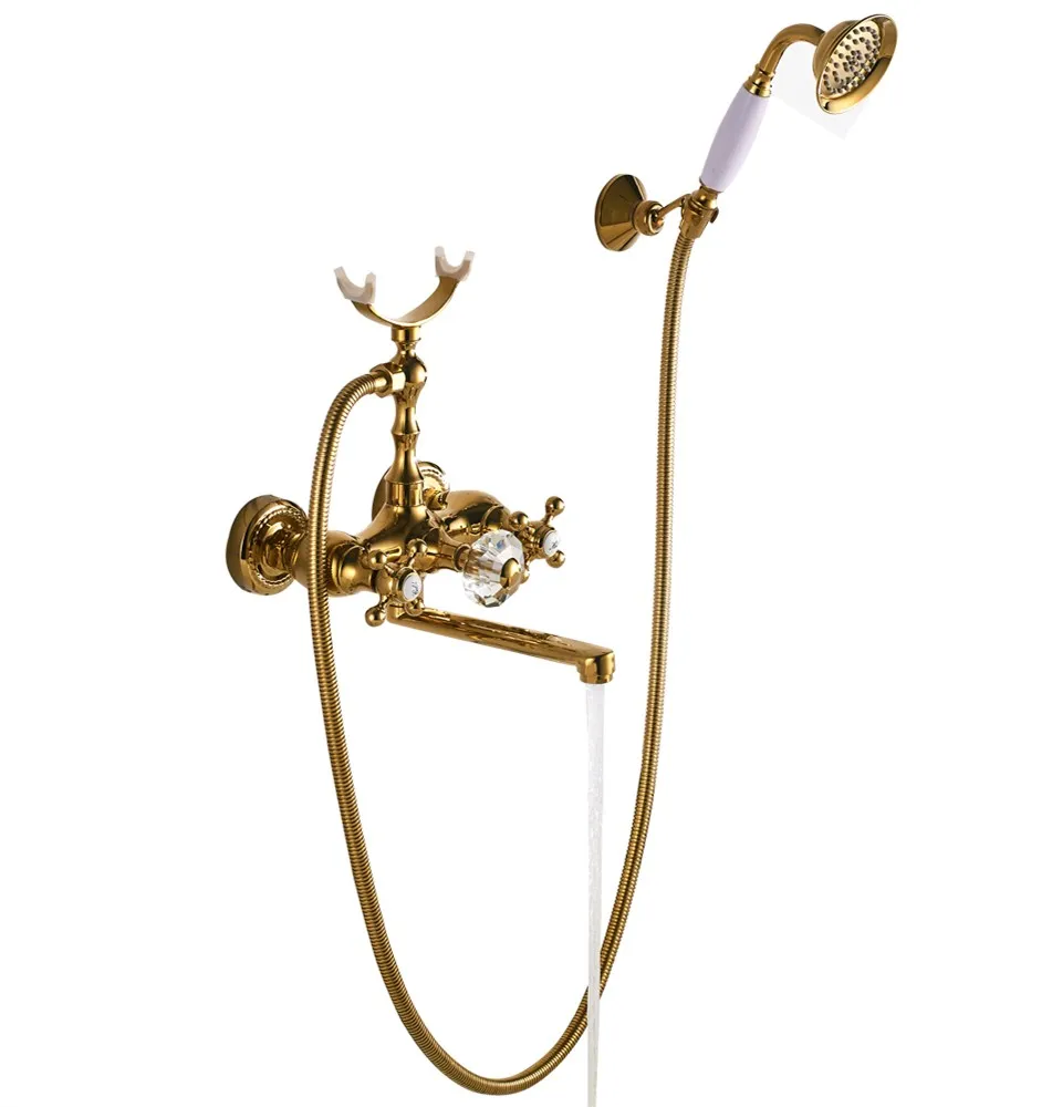 

Antique gold solid copper faucet wall-mounted bathtub faucet luxury blue and white porcelain shower set