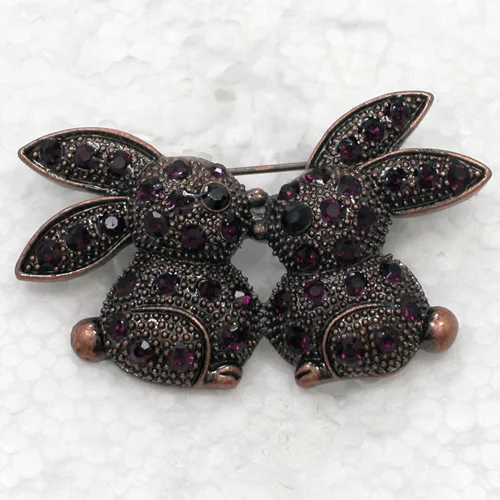 

Antique Copper Purple Rhinestone Bunny Pin brooches C837 D3