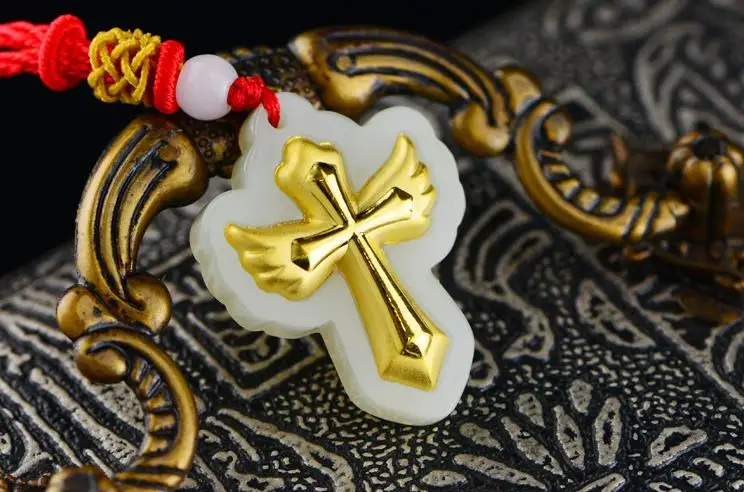 3D gold inlaid natural hetian jade cross pendant H99# | Украшения и аксессуары